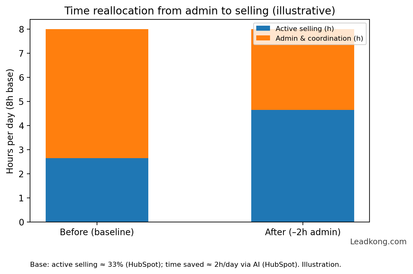 Réallocation du temps: –2h/jour d’admin (illustratif)